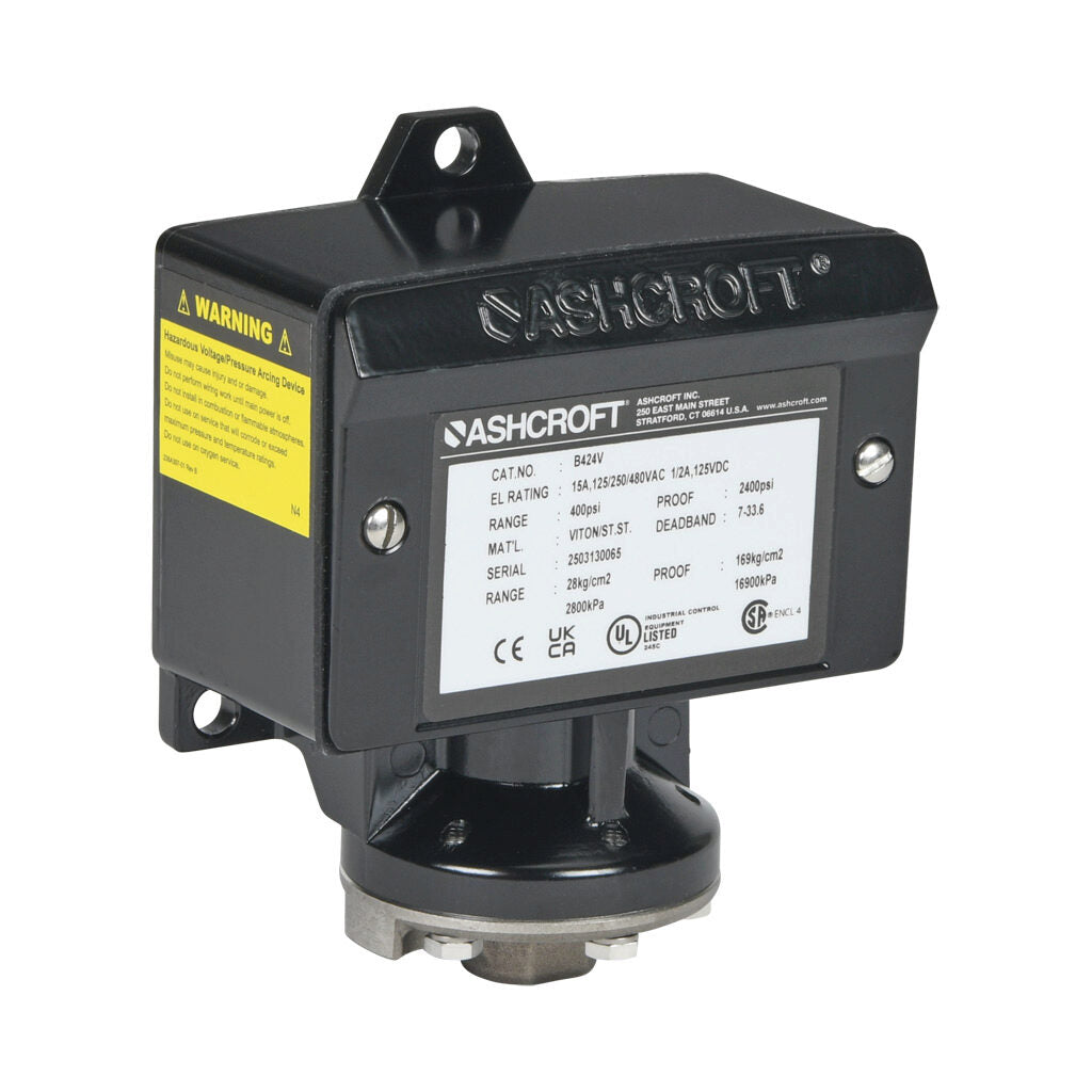 Ashcroft mechanical pressure switch, 60 to 400 psig set point, 7.0 to 33.6 psig deadband range, Viton sensing element, Viton seal(s), SPDT 15A, 1/4in female NPT process connection, 3/4in female NPT conduit opening.-B424V400