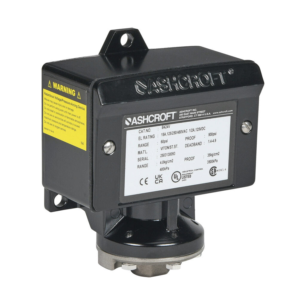 Ashcroft mechanical pressure switch, 9 to 60 psig set point, 1.4 to 4.9 psig deadband range, Viton sensing element, Viton seal(s), SPDT 15A, 1/4in female NPT process connection, 3/4in female NPT conduit opening.-B424V60