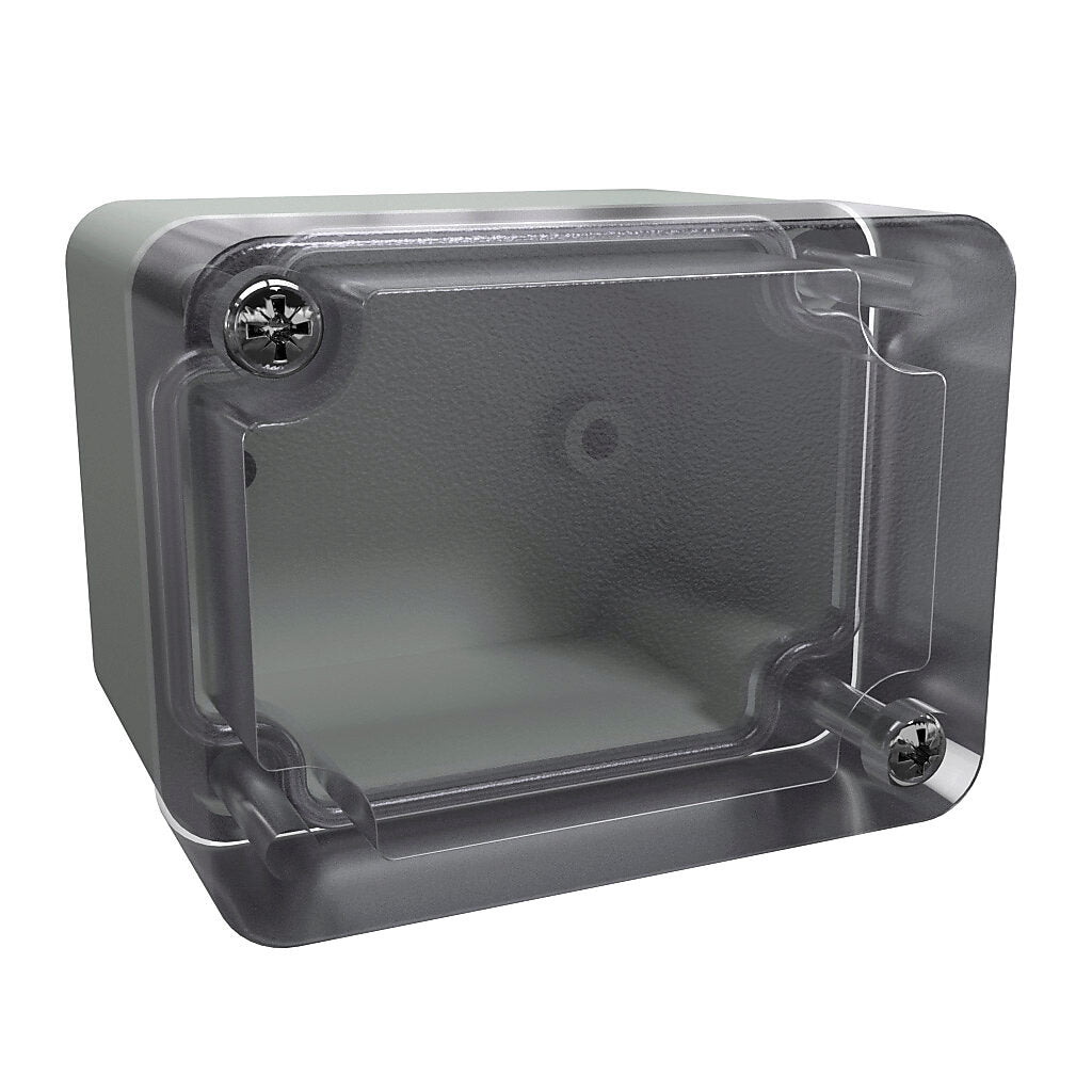 AttaBox BantamBox series enclosure, NEMA 1/3R/4/4X/12, 65 x 50 x 55mm (HxWxD), polycarbonate, RAL 7035 light gray, clear polycarbonate screw cover.-BBCC060555W