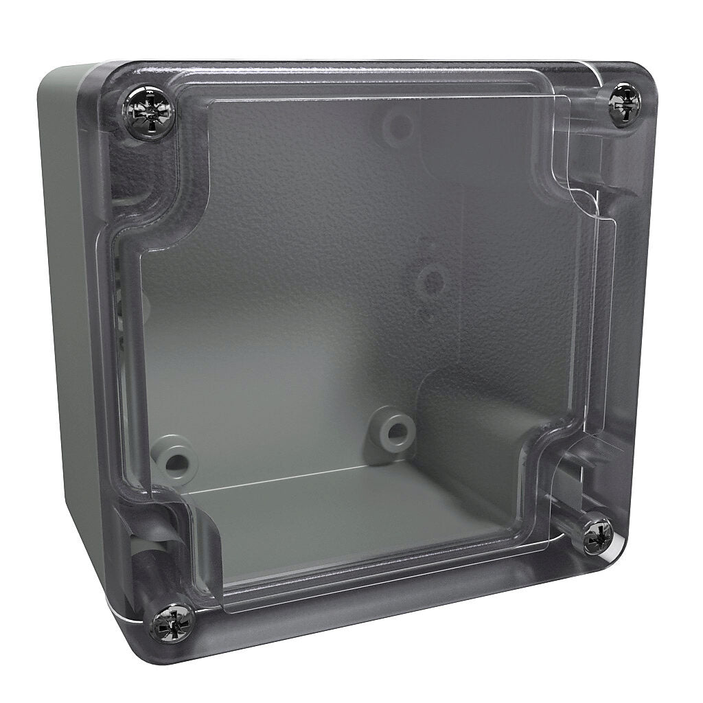 AttaBox BantamBox series enclosure, NEMA 1/3R/4/4X/12, 82 x 80 x 55mm (HxWxD), polycarbonate, RAL 7035 light gray, clear polycarbonate screw cover, purchase subpanel separately.-BBCC080805W