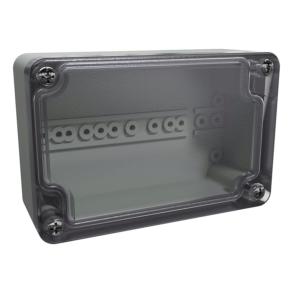 AttaBox BantamBox series enclosure, NEMA 1/3R/4/4X/12, 98 x 64 x 37mm (HxWxD), polycarbonate, RAL 7035 light gray, clear polycarbonate screw cover.-BBCC090603W