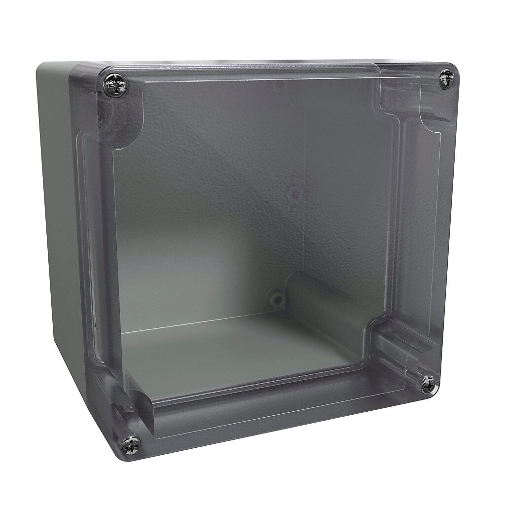 AttaBox BantamBox series enclosure, NEMA 1/3R/4/4X/12, 122 x 120 x 105mm (HxWxD), polycarbonate, RAL 7035 light gray, clear polycarbonate screw cover, purchase subpanel separately.-BBCC121211W