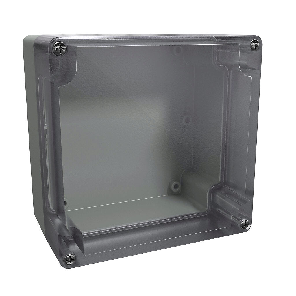 AttaBox BantamBox series enclosure, NEMA 1/3R/4/4X/12, 122 x 120 x 75mm (HxWxD), polycarbonate, RAL 7035 light gray, clear polycarbonate screw cover, purchase subpanel separately.-BBCC121275W