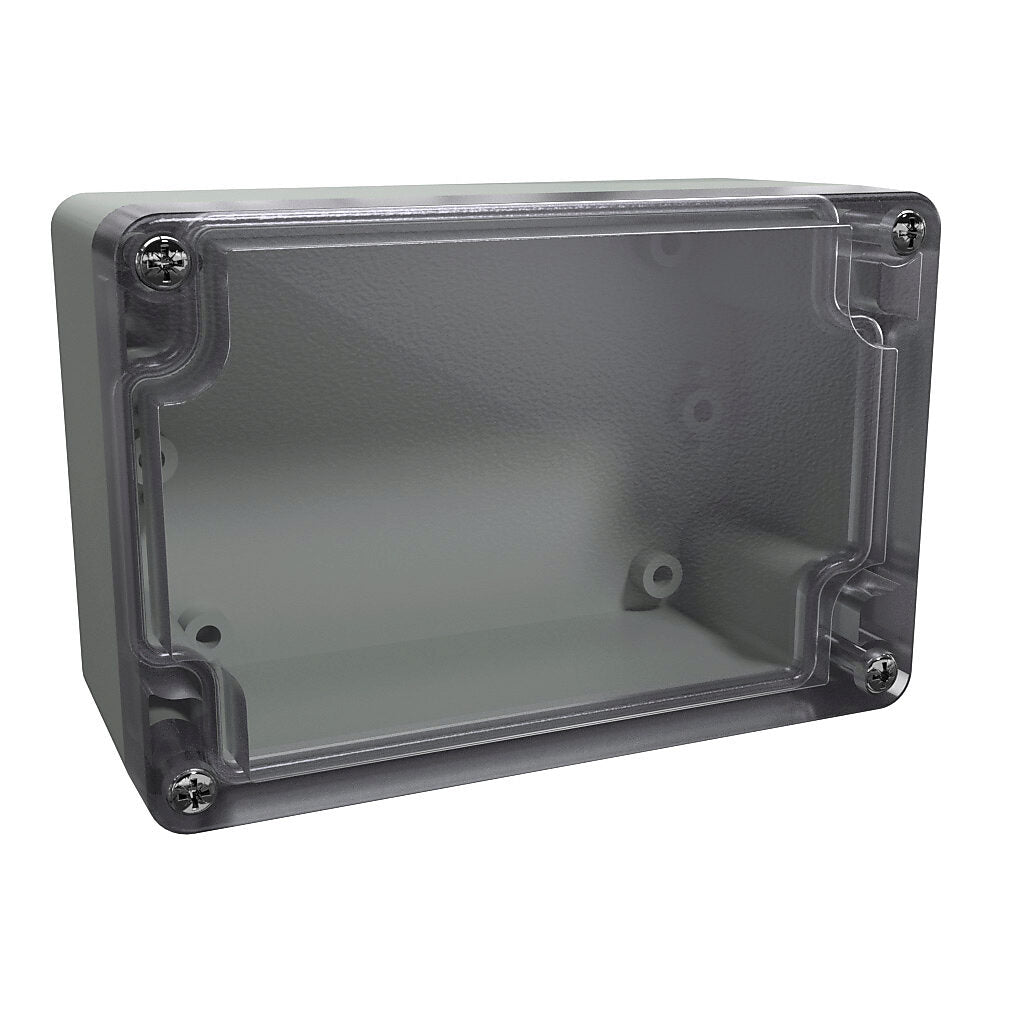 AttaBox BantamBox series enclosure, NEMA 1/3R/4/4X/12, 120 x 80 x 55mm (HxWxD), polycarbonate, RAL 7035 light gray, clear polycarbonate screw cover, purchase subpanel separately.-BBCC128055W