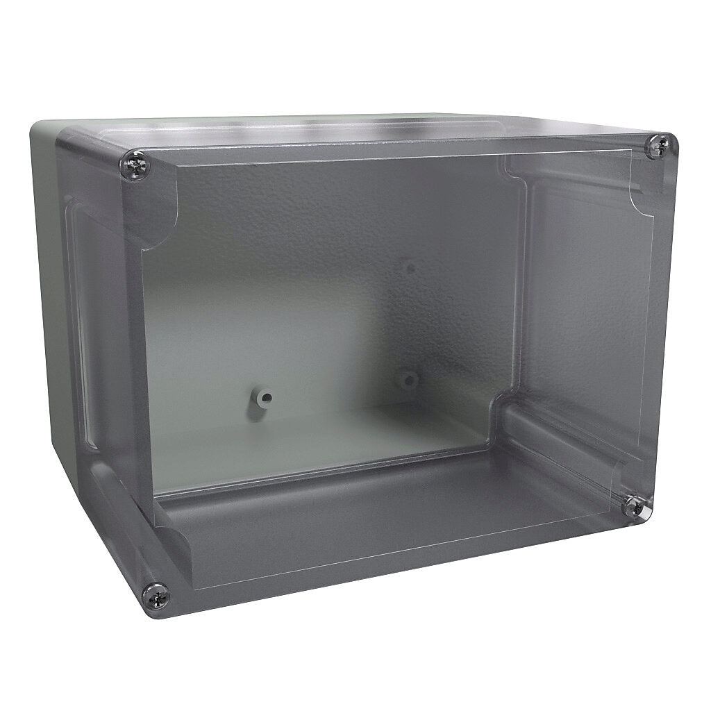 AttaBox BantamBox series enclosure, NEMA 1/3R/4/4X/12, 160 x 120 x 140mm (HxWxD), polycarbonate, RAL 7035 light gray, clear polycarbonate screw cover, purchase subpanel separately.-BBCC161214W