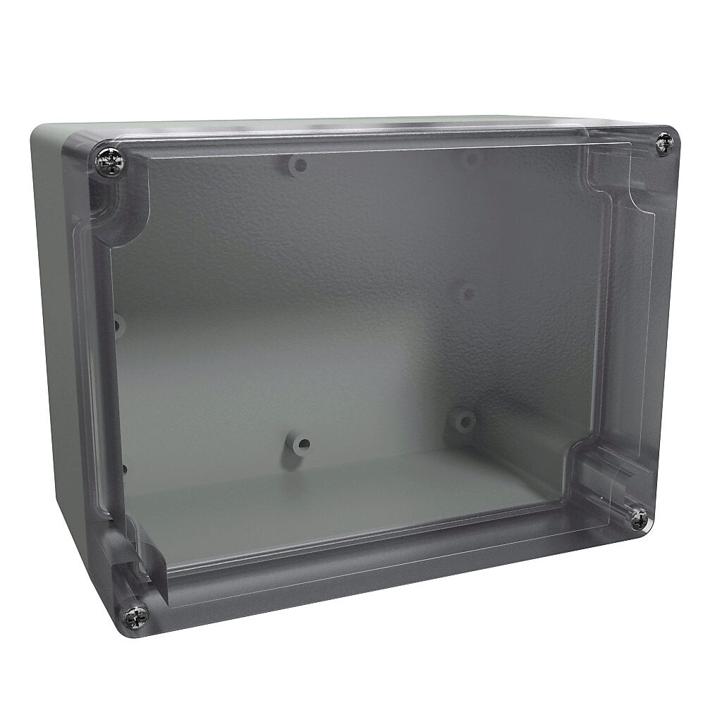 AttaBox BantamBox series enclosure, NEMA 1/3R/4/4X/12, 160 x 120 x 90mm (HxWxD), polycarbonate, RAL 7035 light gray, clear polycarbonate screw cover, purchase subpanel separately.-BBCC161290W