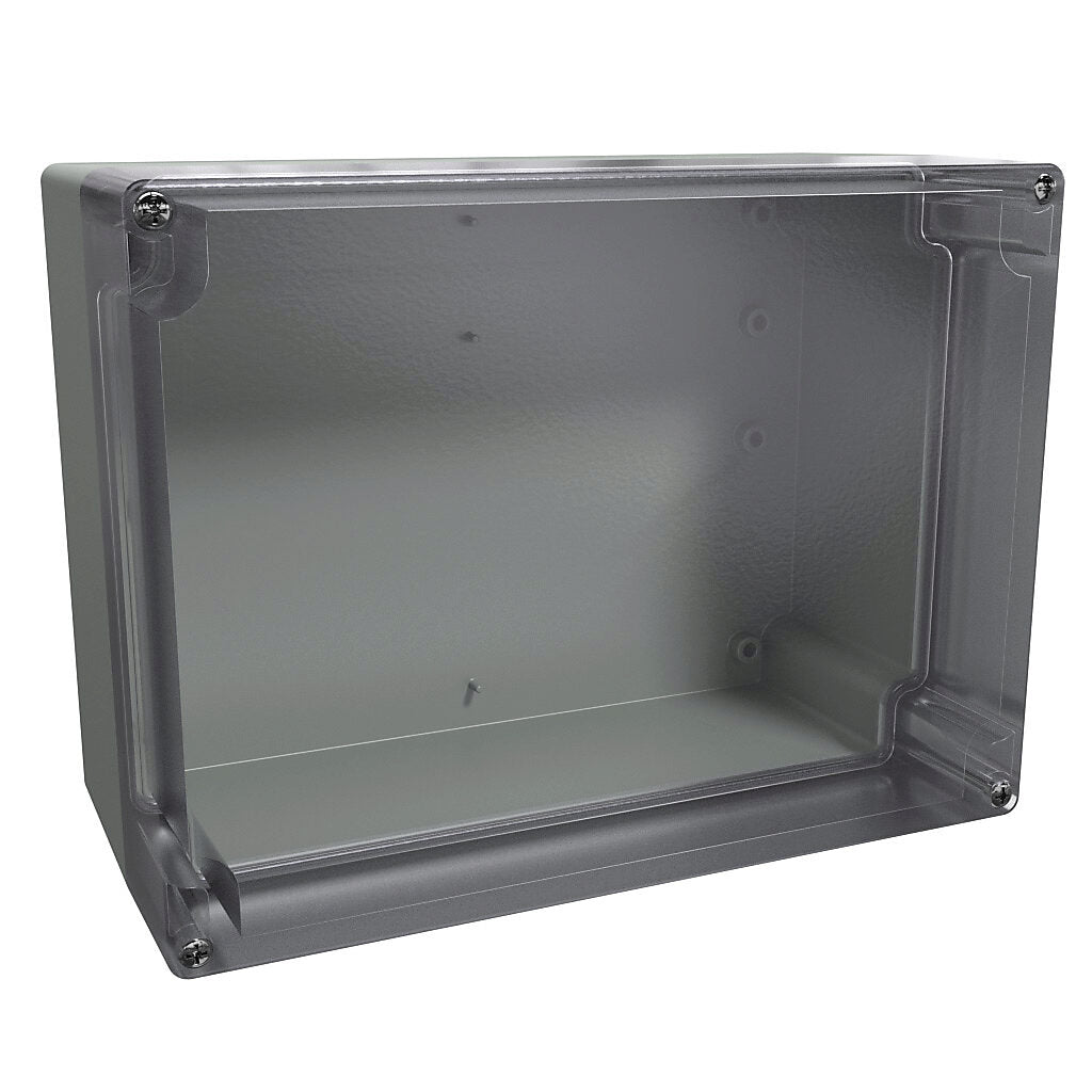AttaBox BantamBox series enclosure, NEMA 1/3R/4/4X/12, 200 x 150 x 100mm (HxWxD), polycarbonate, RAL 7035 light gray, clear polycarbonate screw cover, purchase subpanel separately.-BBCC201510W