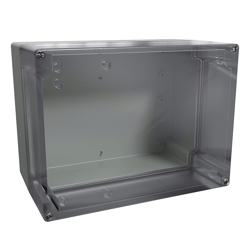 AttaBox BantamBox series enclosure, NEMA 1/3R/4/4X/12, 200 x 150 x 125mm (HxWxD), polycarbonate, RAL 7035 light gray, clear polycarbonate screw cover, purchase subpanel separately.-BBCC201513W
