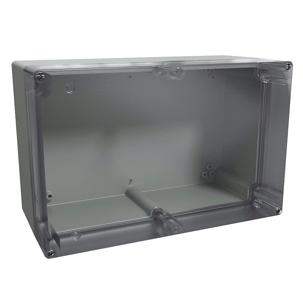 AttaBox BantamBox series enclosure, NEMA 1/3R/4/4X/12, 250 x 160 x 120mm (HxWxD), polycarbonate, RAL 7035 light gray, clear polycarbonate screw cover, purchase subpanel separately.-BBCC251612W