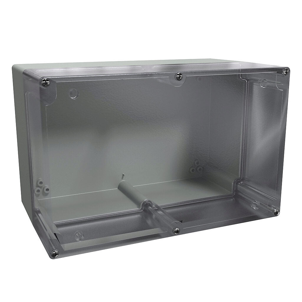 AttaBox BantamBox series enclosure, NEMA 1/3R/4/4X/12, 250 x 160 x 150mm (HxWxD), polycarbonate, RAL 7035 light gray, clear polycarbonate screw cover, purchase subpanel separately.-BBCC251615W
