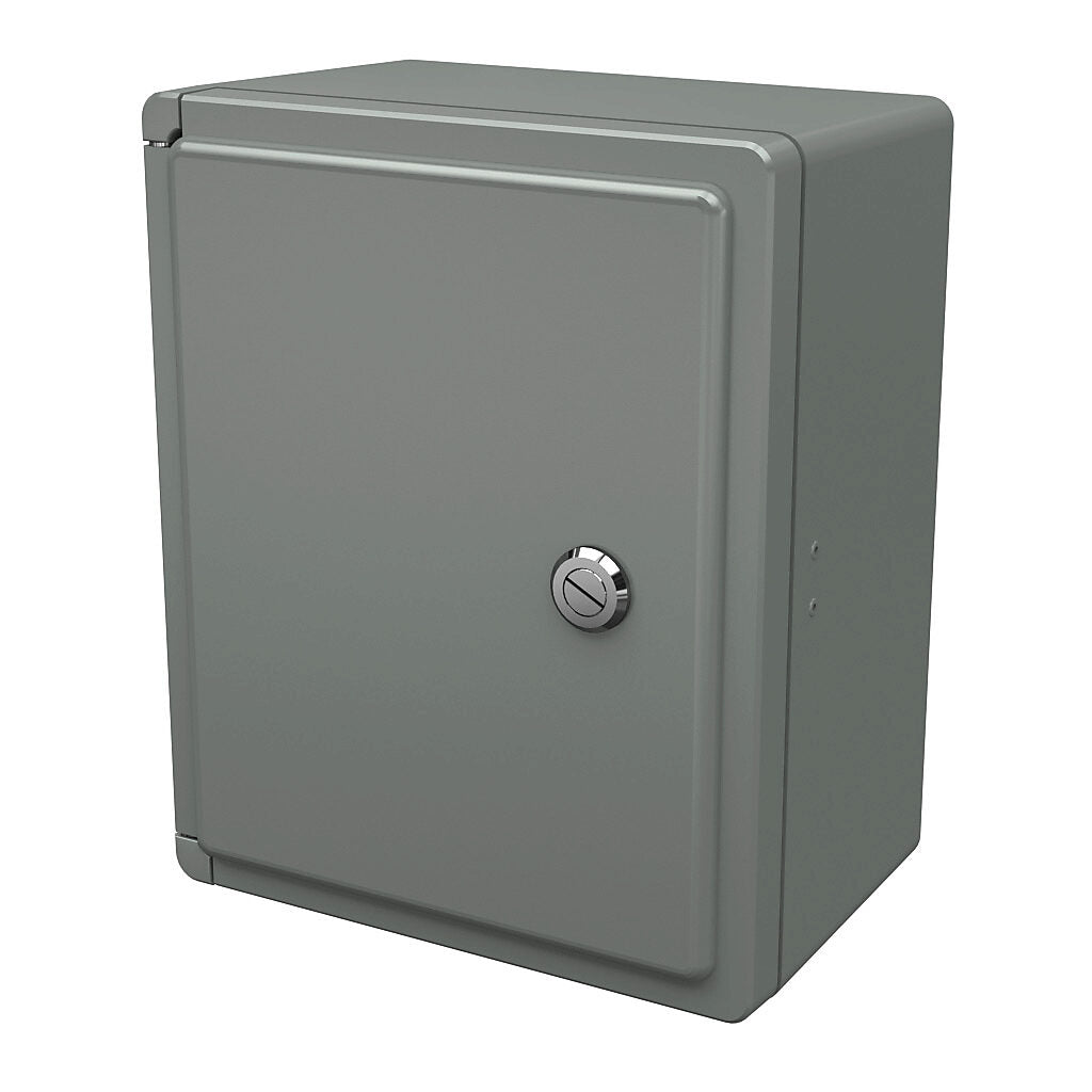 AttaBox Centurion series enclosure, NEMA 1/3/3S/3R/4X/12, 11 x 9 x 6in (HxWxD), wall mount, fiberglass reinforced polyester, gray, crowned single-door, (1) 1/4-turn flush-mounted latch.-CE1109HL
