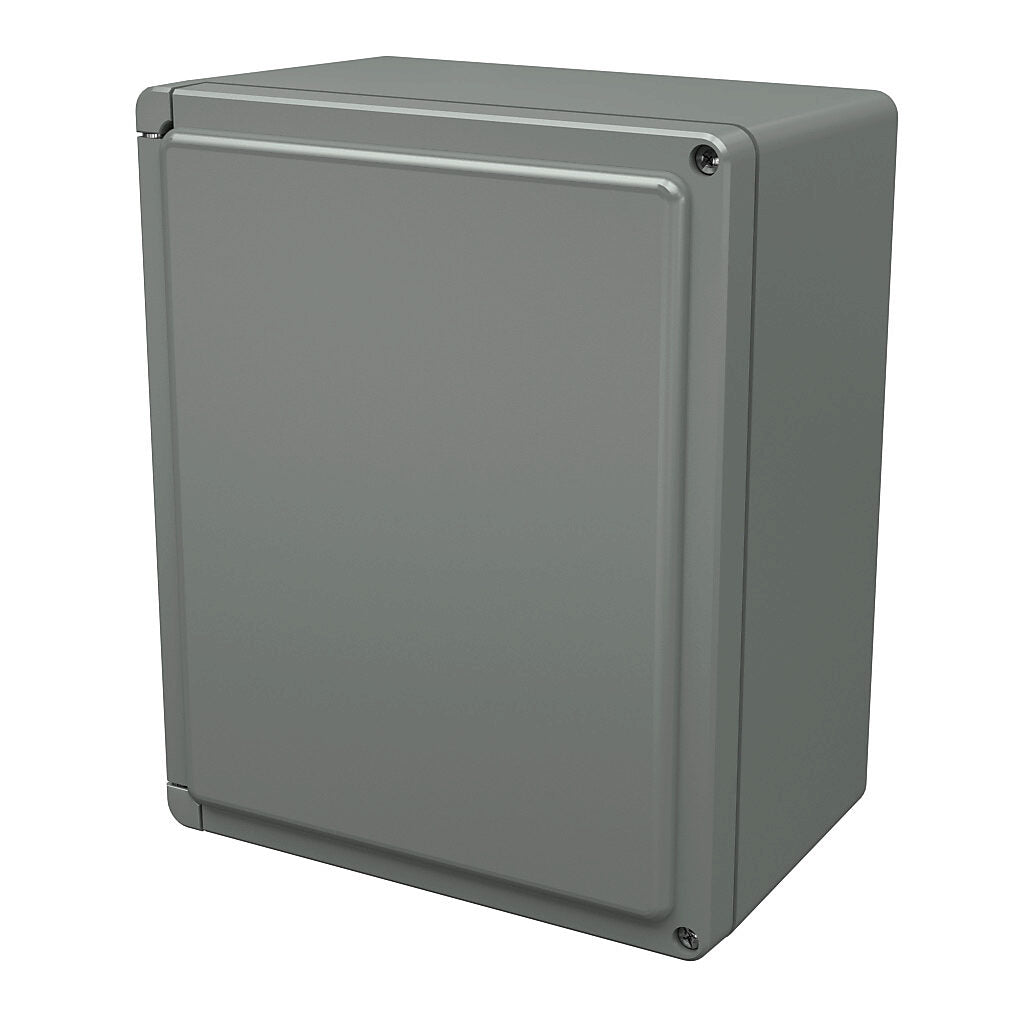AttaBox Centurion series enclosure, NEMA 1/3/3S/3R/4X/12, 11 x 9 x 6in (HxWxD), wall mount, fiberglass reinforced polyester, gray, crowned hinged screw cover.-CE1109HW