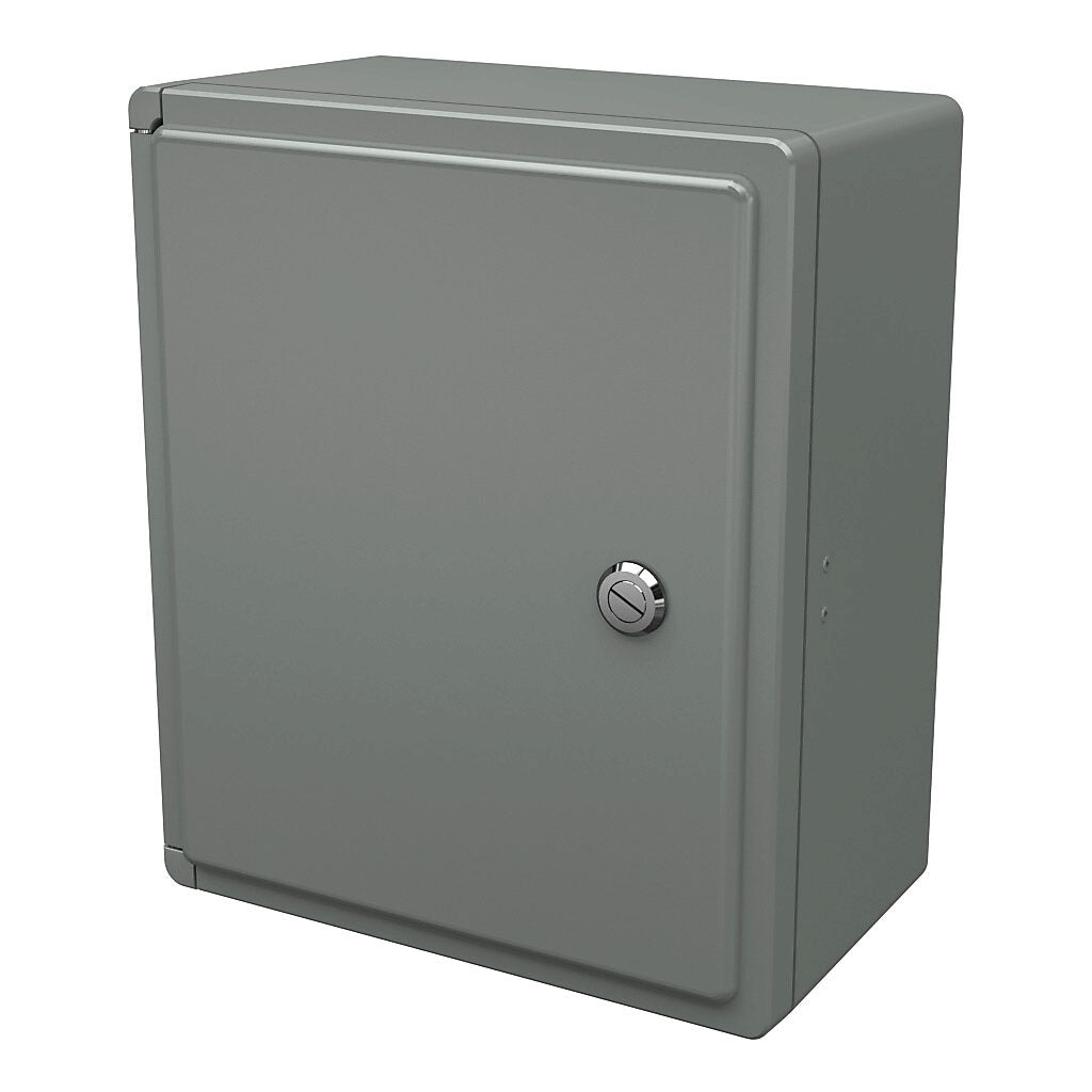 AttaBox Centurion series enclosure, NEMA 1/3/3S/3R/4X/12, 13 x 11 x 6in (HxWxD), wall mount, fiberglass reinforced polyester, gray, crowned single-door, (1) 1/4-turn flush-mounted latch.-CE1311HL