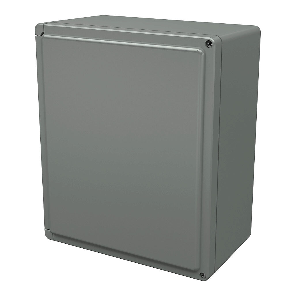 AttaBox Centurion series enclosure, NEMA 1/3/3S/3R/4X/12, 13 x 11 x 6in (HxWxD), wall mount, fiberglass reinforced polyester, gray, crowned hinged screw cover.-CE1311HW