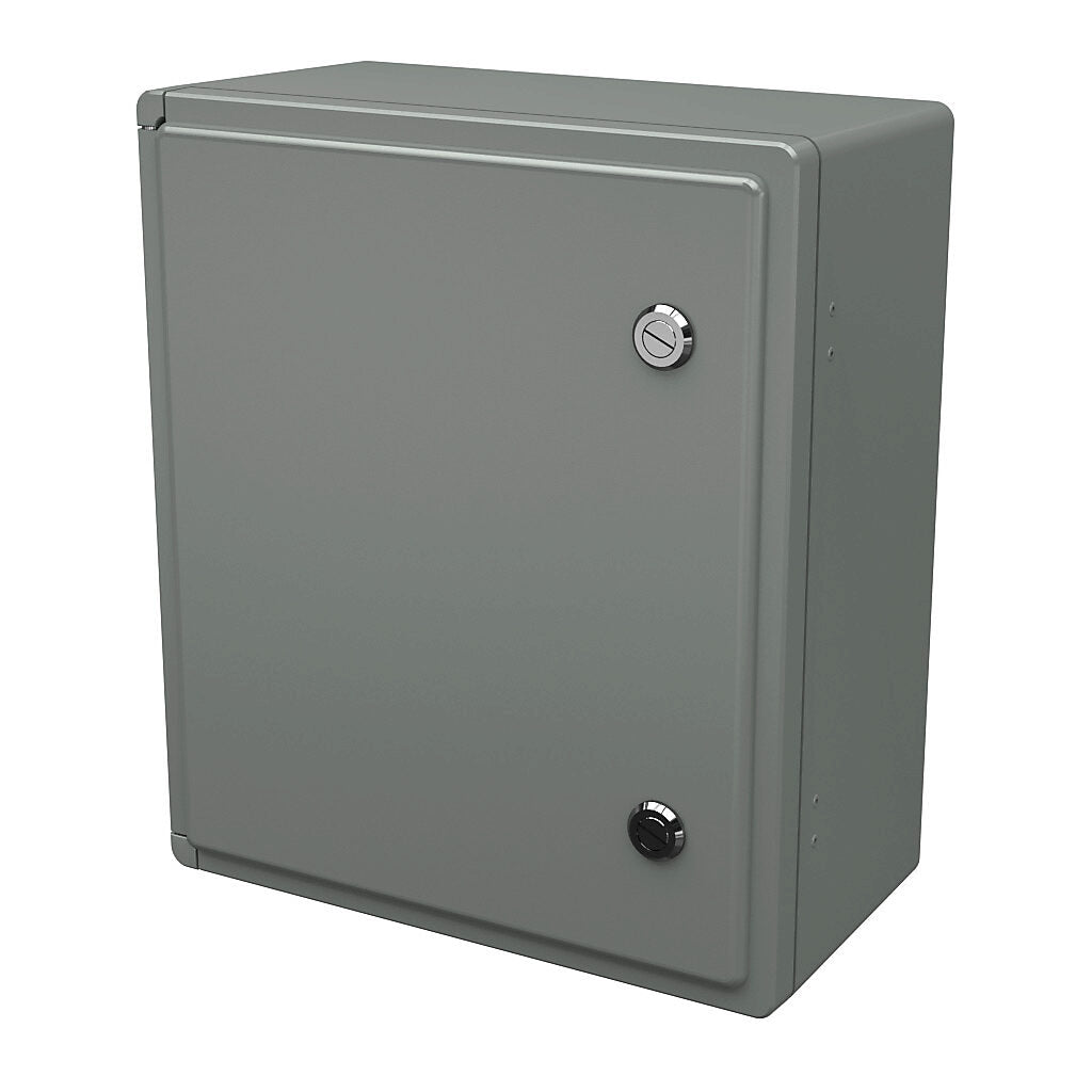 AttaBox Centurion series enclosure, NEMA 1/3/3S/3R/4X/12, 15 x 13 x 7in (HxWxD), wall mount, fiberglass reinforced polyester, gray, crowned single-door, (1) 1/4-turn flush-mounted latch.-CE1513HL