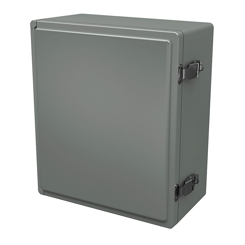 AttaBox Centurion series enclosure, NEMA 1/3/3S/3R/4X/12, 15 x 13 x 7in (HxWxD), wall mount, fiberglass reinforced polyester, gray, crowned single-door, (2) quick-release latches, padlock hasp and staple.-CE1513HPL