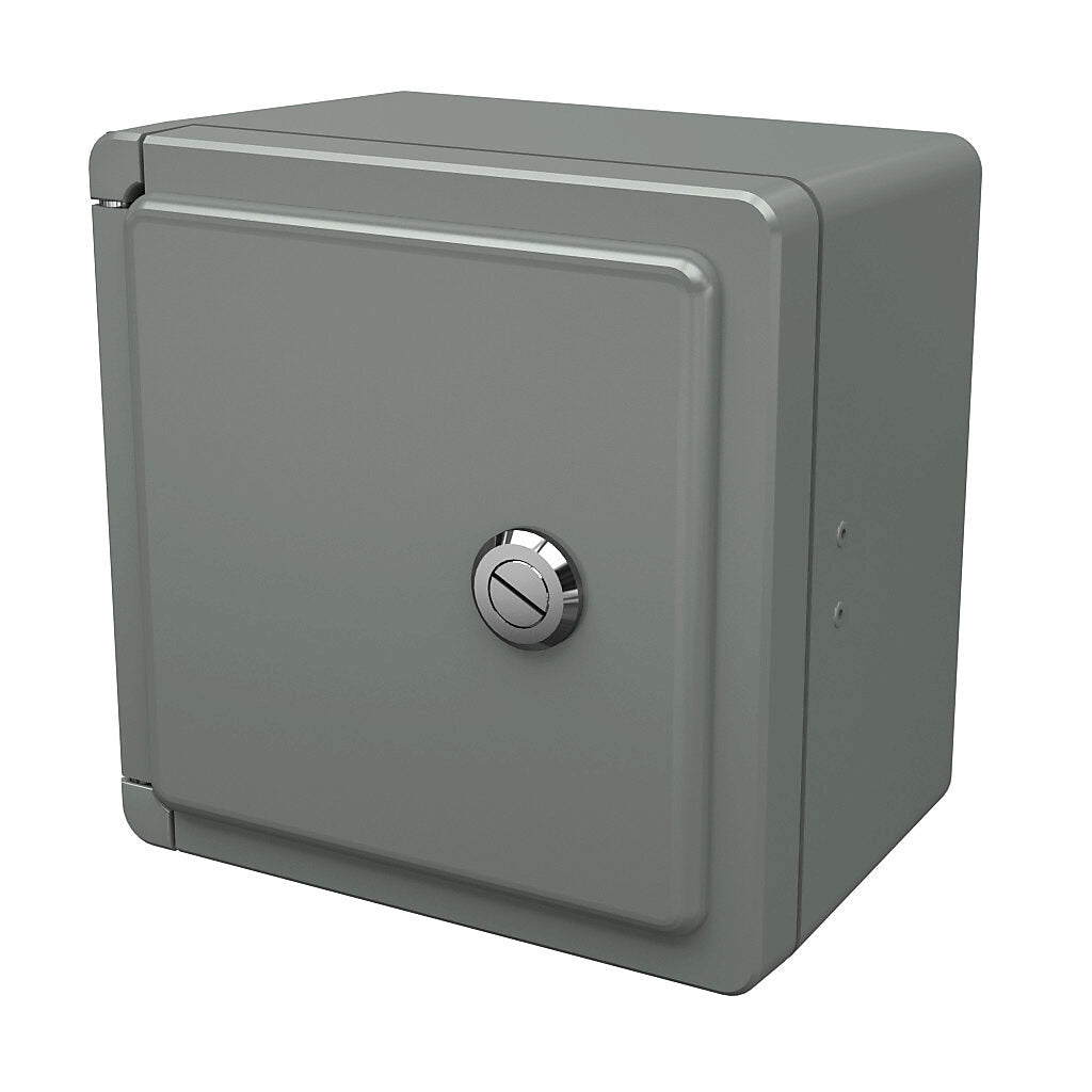 AttaBox Centurion series enclosure, NEMA 1/3/3S/3R/4X/12, 7 x 7 x 5in (HxWxD), wall mount, fiberglass reinforced polyester, gray, crowned single-door, (1) 1/4-turn flush-mounted latch.-CE707HL
