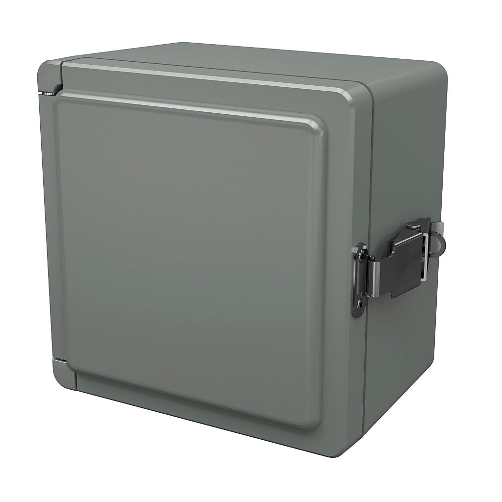 AttaBox Centurion series enclosure, NEMA 1/3/3S/3R/4X/12, 7 x 7 x 5in (HxWxD), wall mount, fiberglass reinforced polyester, gray, crowned single-door, (1) quick-release latch, padlock hasp and staple.-CE707HPL