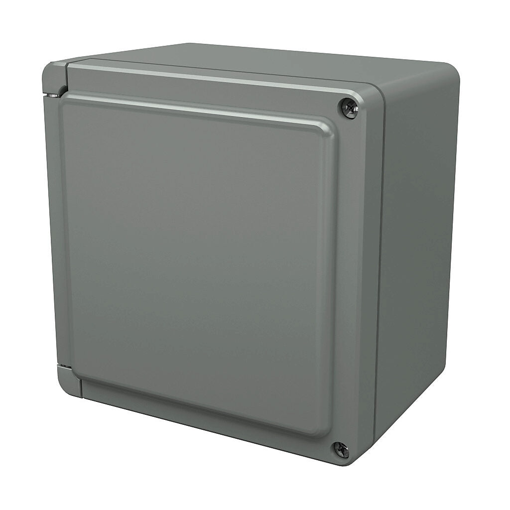 AttaBox Centurion series enclosure, NEMA 1/3/3S/3R/4X/12, 7 x 7 x 5in (HxWxD), wall mount, fiberglass reinforced polyester, gray, crowned hinged screw cover.-CE707HW