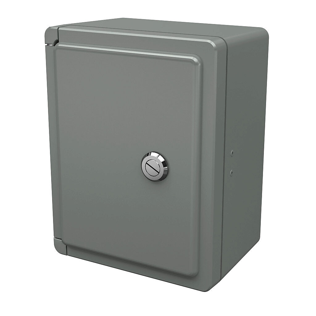 AttaBox Centurion series enclosure, NEMA 1/3/3S/3R/4X/12, 9 x 7 x 5in (HxWxD), wall mount, fiberglass reinforced polyester, gray, crowned single-door, (1) 1/4-turn flush-mounted latch.-CE907HL
