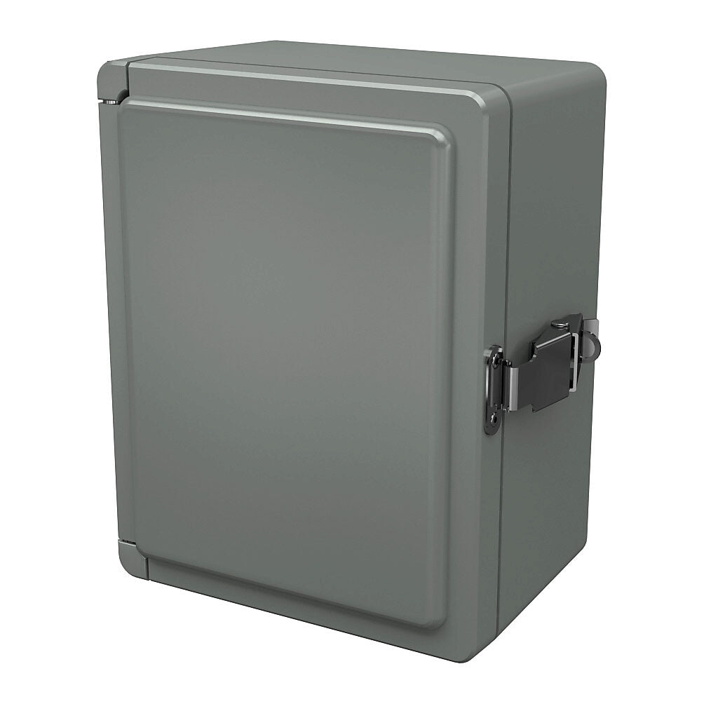 AttaBox Centurion series enclosure, NEMA 1/3/3S/3R/4X/12, 9 x 7 x 5in (HxWxD), wall mount, fiberglass reinforced polyester, gray, crowned single-door, (1) quick-release latch, padlock hasp and staple.-CE907HPL