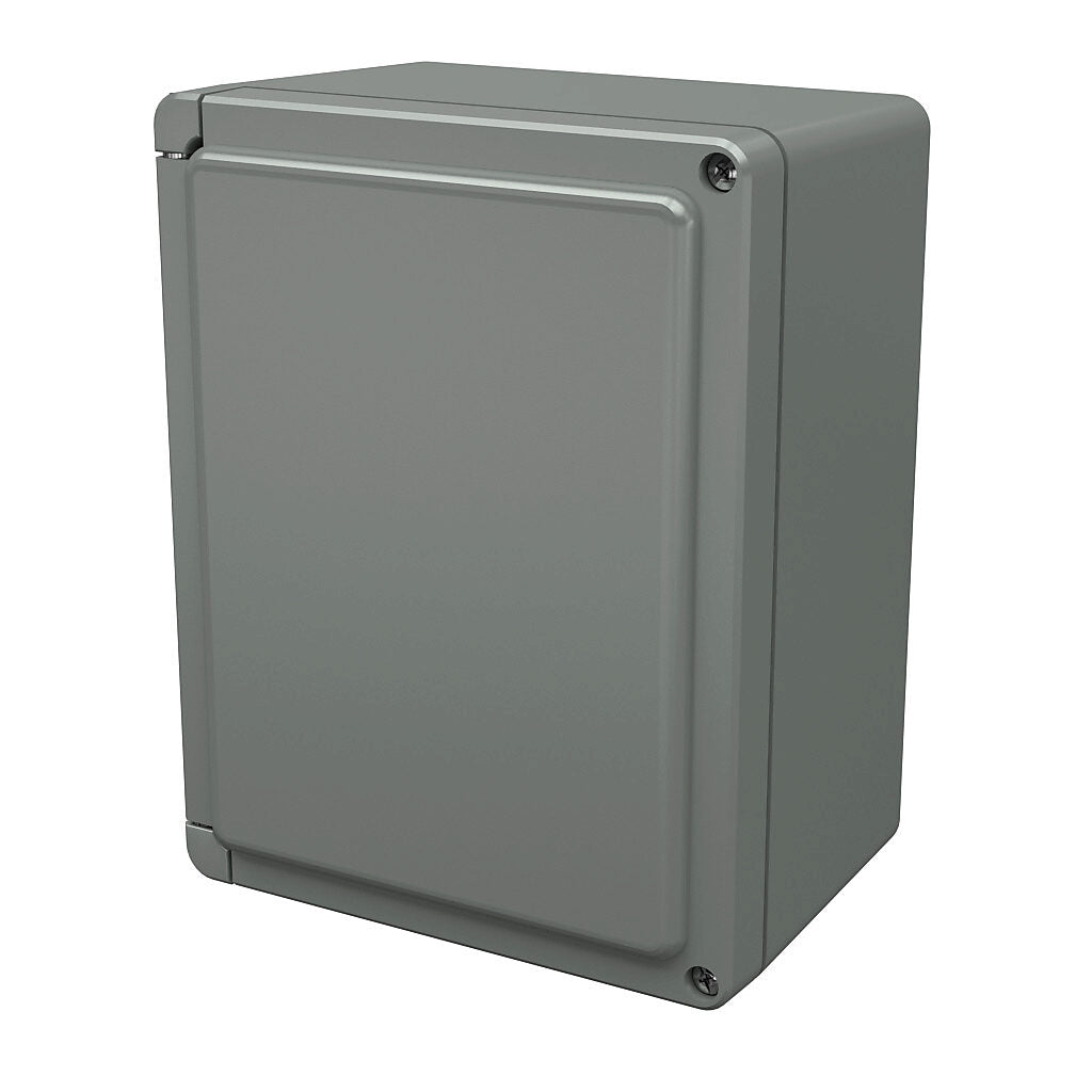 AttaBox Centurion series enclosure, NEMA 1/3/3S/3R/4X/12, 9 x 7 x 5in (HxWxD), wall mount, fiberglass reinforced polyester, gray, crowned hinged screw cover.-CE907HW