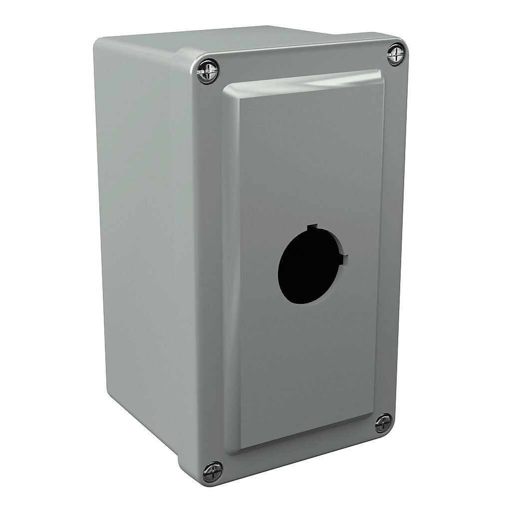 AttaBox Commander series pushbutton enclosure, 1 hole, 30mm, NEMA 1/3R/4X/6P/12, 6 x 4 x 4in (HxWxD), wall mount, fiberglass reinforced polyester, gray, screw cover.-CO1PB