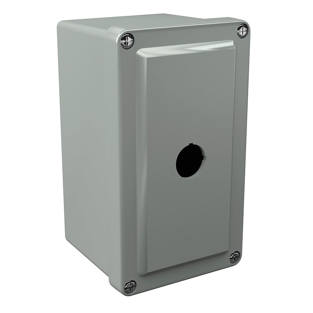 AttaBox Commander series pushbutton enclosure, 1 hole, 22mm, NEMA 1/3R/4X/6P/12, 6 x 4 x 4in (HxWxD), wall mount, fiberglass reinforced polyester, gray, screw cover.-CO1PB22