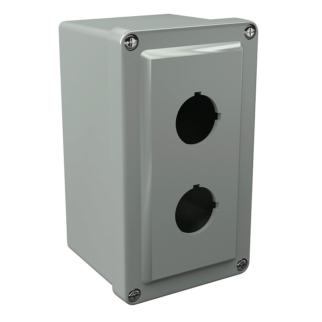 AttaBox Commander series pushbutton enclosure, 2 holes, 30mm, NEMA 1/3R/4X/6P/12, 6 x 4 x 4in (HxWxD), wall mount, fiberglass reinforced polyester, gray, screw cover.-CO2PB