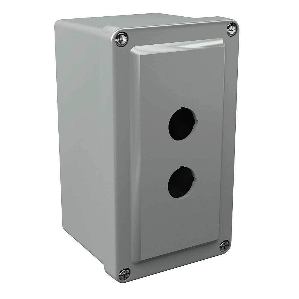 AttaBox Commander series pushbutton enclosure, 2 holes, 22mm, NEMA 1/3R/4X/6P/12, 6 x 4 x 4in (HxWxD), wall mount, fiberglass reinforced polyester, gray, screw cover.-CO2PB22