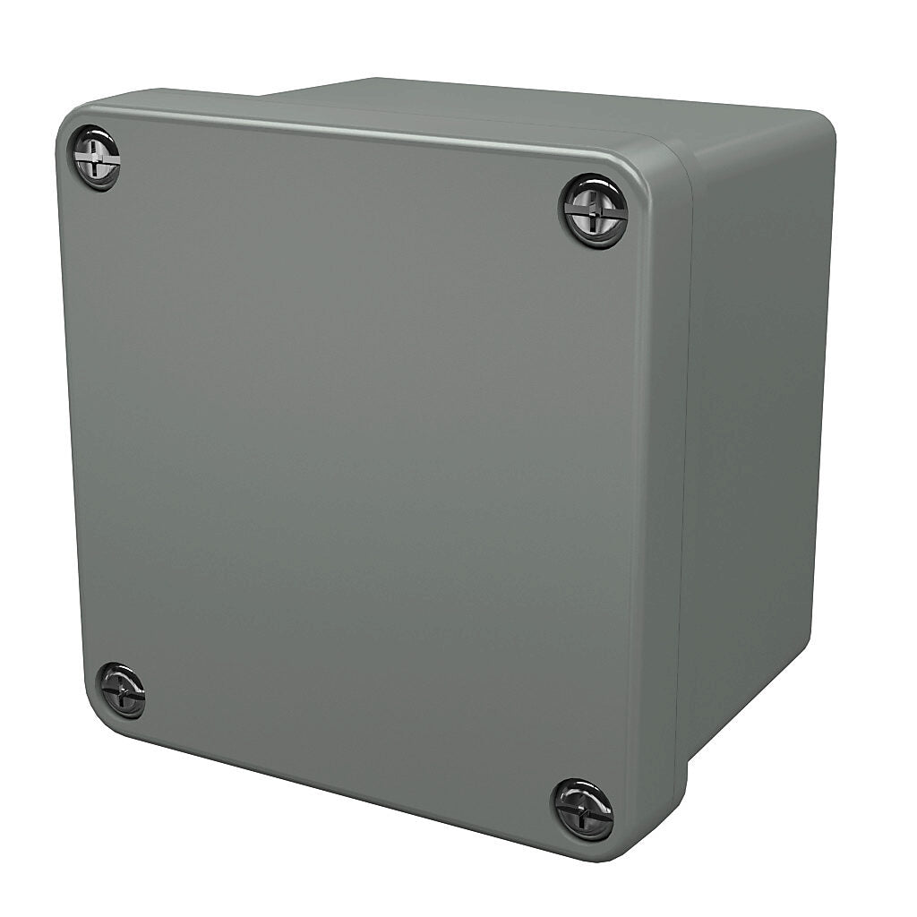 AttaBox Commander series pushbutton enclosure, blank cover, NEMA 1/3R/4X/6P/12, 3 x 3 x 2in (HxWxD), wall mount, fiberglass reinforced polyester, gray, screw cover.-CO332