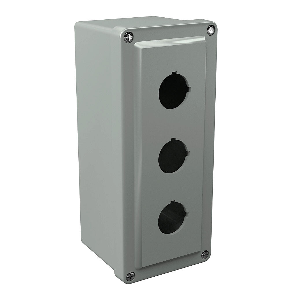 AttaBox Commander series pushbutton enclosure, 3 holes, 30mm, NEMA 1/3R/4X/6P/12, 8 x 4 x 4in (HxWxD), wall mount, fiberglass reinforced polyester, gray, screw cover.-CO3PB