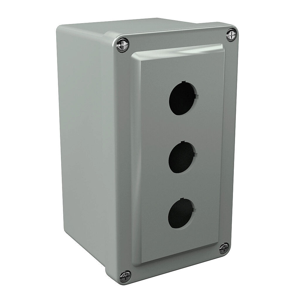 AttaBox Commander series pushbutton enclosure, 3 holes, 22mm, NEMA 1/3R/4X/6P/12, 6 x 4 x 4in (HxWxD), wall mount, fiberglass reinforced polyester, gray, screw cover.-CO3PB22
