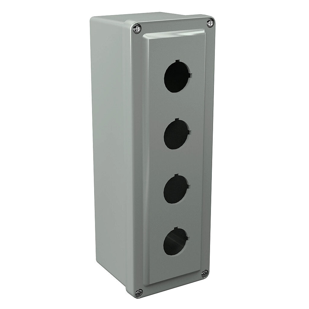 AttaBox Commander series pushbutton enclosure, 4 holes, 30mm, NEMA 1/3R/4X/6P/12, 11 x 4 x 4in (HxWxD), wall mount, fiberglass reinforced polyester, gray, screw cover.-CO4PB