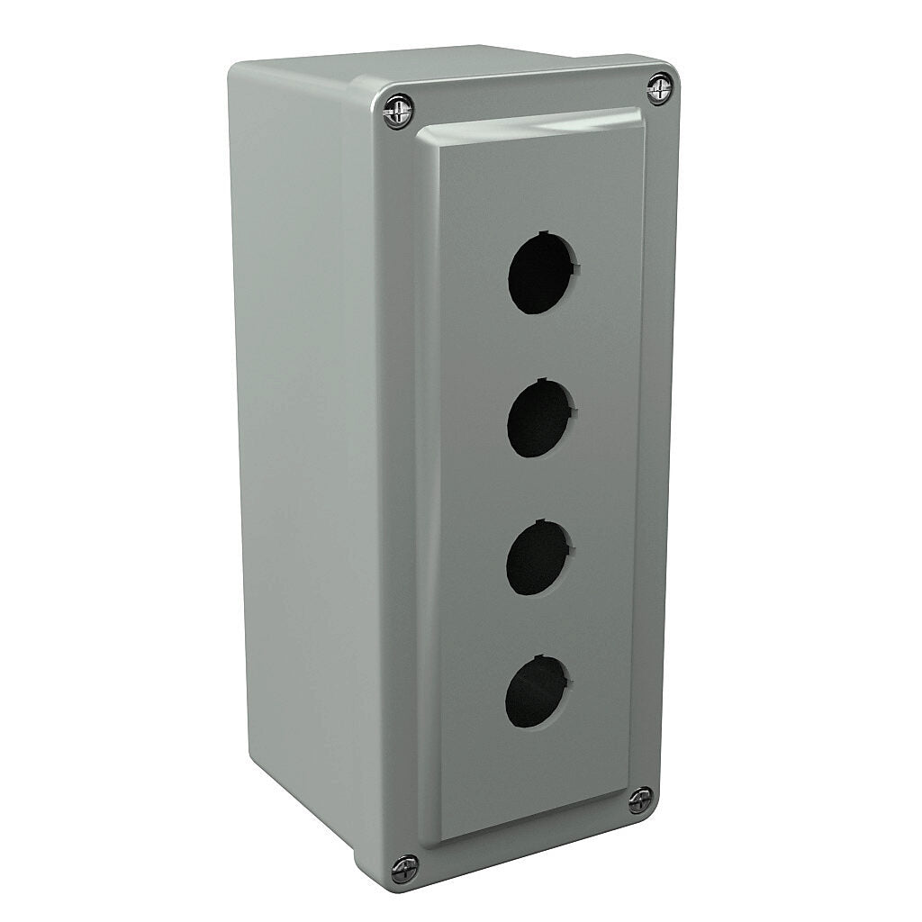 AttaBox Commander series pushbutton enclosure, 4 holes, 22mm, NEMA 1/3R/4X/6P/12, 8 x 4 x 4in (HxWxD), wall mount, fiberglass reinforced polyester, gray, screw cover.-CO4PB22