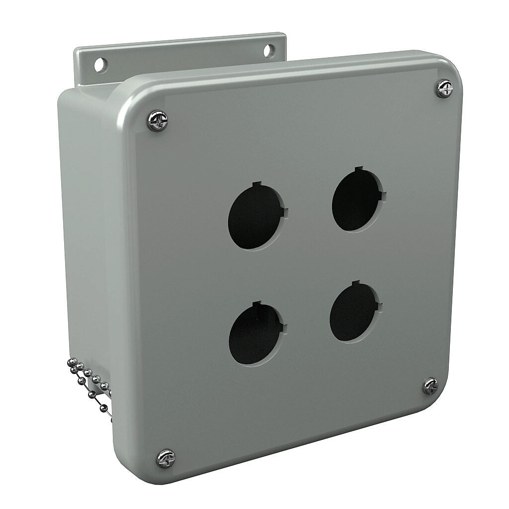 AttaBox Commander series pushbutton enclosure, 4 holes, 30mm, NEMA 1/3R/4X/6P/12, 7 x 7 x 4in (HxWxD), wall mount, fiberglass reinforced polyester, gray, screw cover.-CO4PBW