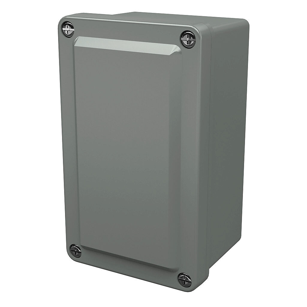 AttaBox Commander series pushbutton enclosure, blank cover, NEMA 1/3R/4X/6P/12, 5 x 3 x 2in (HxWxD), wall mount, fiberglass reinforced polyester, gray, crowned screw cover.-CO532