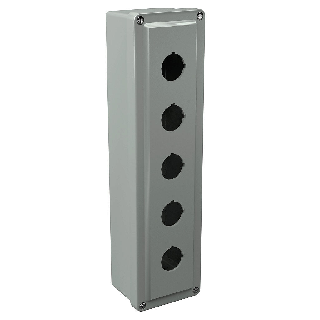 AttaBox Commander series pushbutton enclosure, 5 holes, 30mm, NEMA 1/3R/4X/6P/12, 14 x 3 x 2in (HxWxD), wall mount, fiberglass reinforced polyester, gray, screw cover.-CO5PB