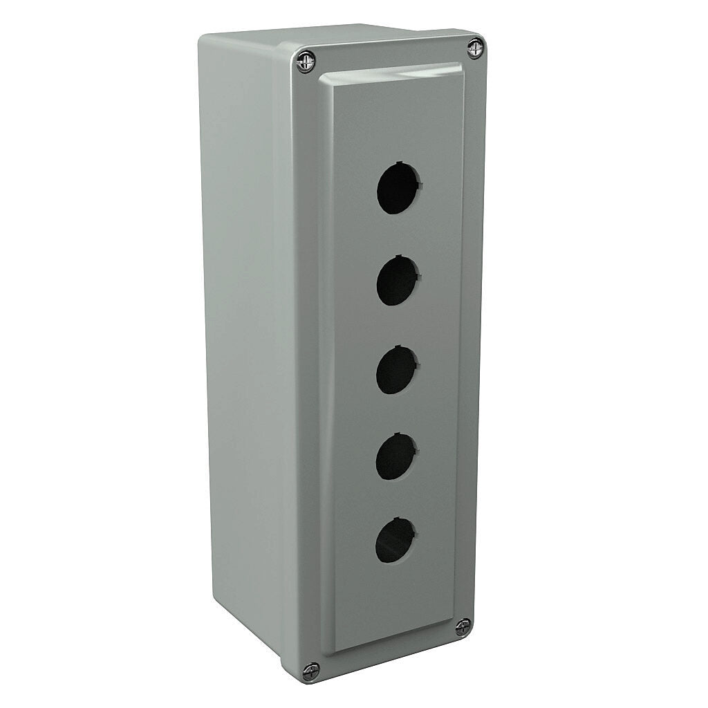 AttaBox Commander series pushbutton enclosure, 5 holes, 22mm, NEMA 1/3R/4X/6P/12, 11 x 4 x 4in (HxWxD), wall mount, fiberglass reinforced polyester, gray, screw cover.-CO5PB22