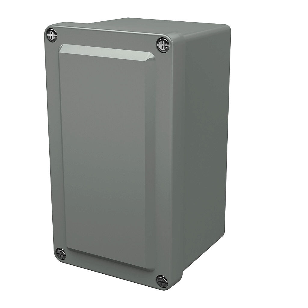 AttaBox Commander series pushbutton enclosure, blank cover, NEMA 1/3R/4X/6P/12, 6 x 4 x 4in (HxWxD), wall mount, fiberglass reinforced polyester, gray, crowned screw cover.-CO644