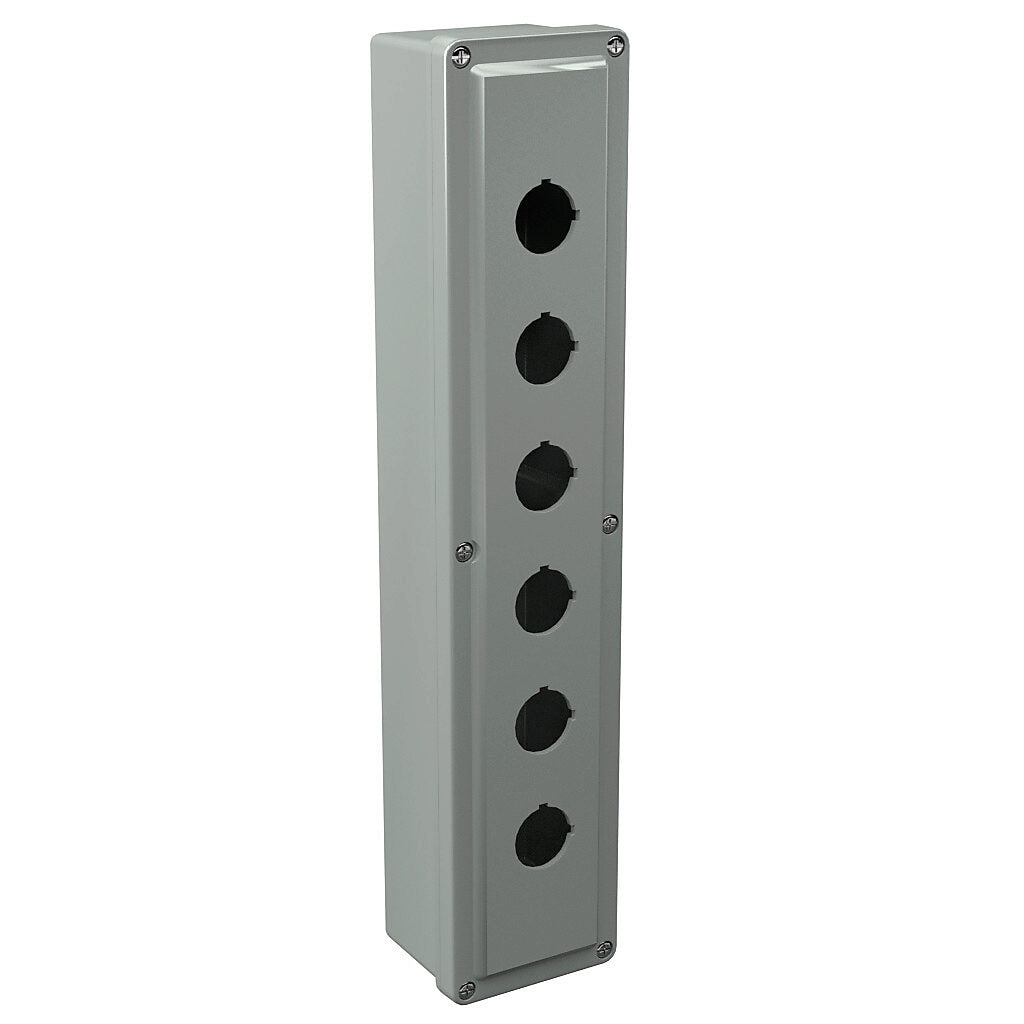 AttaBox Commander series pushbutton enclosure, 6 holes, 30mm, NEMA 1/3R/4X/6P/12, 17 x 3 x 2in (HxWxD), wall mount, fiberglass reinforced polyester, gray, screw cover.-CO6PB