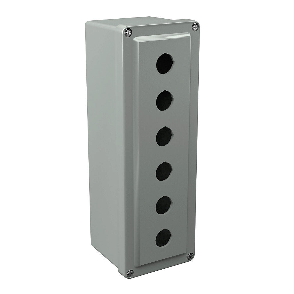 AttaBox Commander series pushbutton enclosure, 6 holes, 22mm, NEMA 1/3R/4X/6P/12, 11 x 4 x 4in (HxWxD), wall mount, fiberglass reinforced polyester, gray, screw cover.-CO6PB22