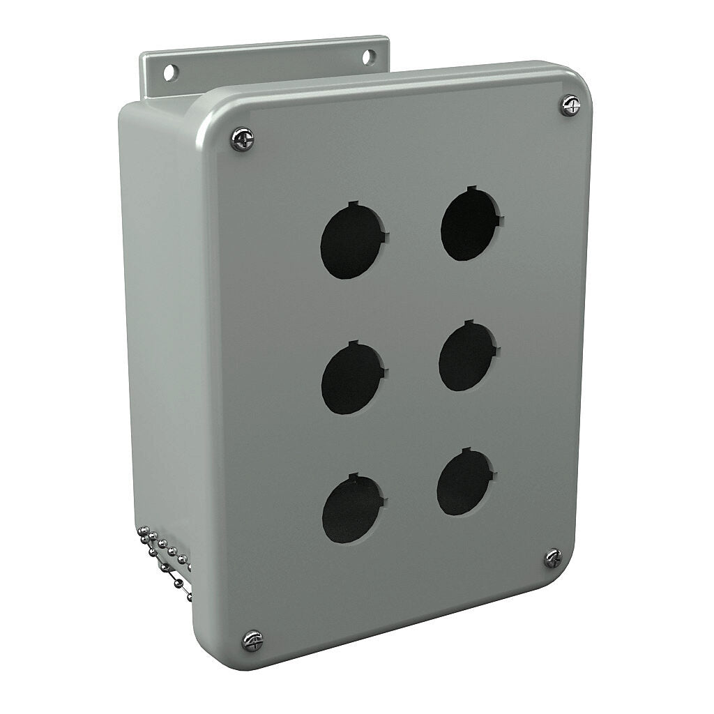 AttaBox Commander series pushbutton enclosure, 6 holes, 30mm, NEMA 1/3R/4X/6P/12, 9 x 7 x 4in (HxWxD), wall mount, fiberglass reinforced polyester, gray, screw cover.-CO6PBW