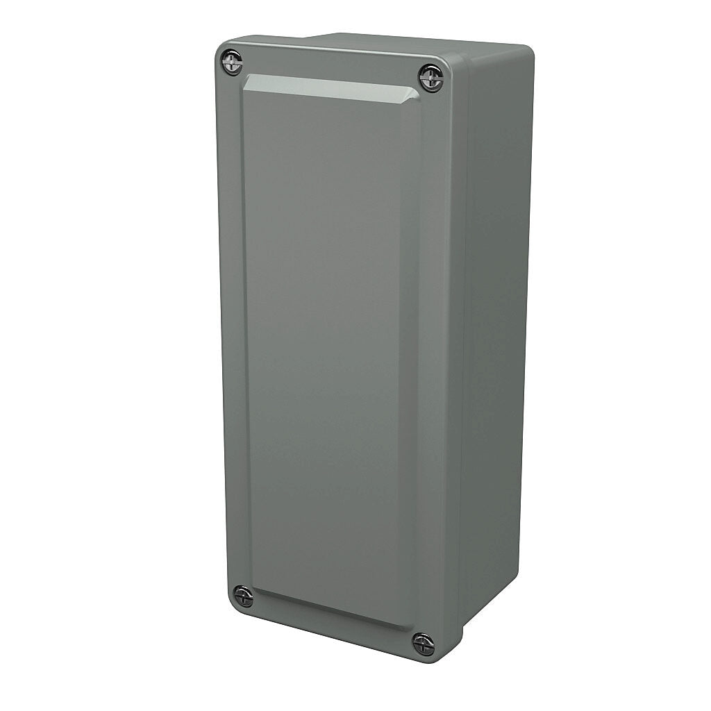 AttaBox Commander series pushbutton enclosure, blank cover, NEMA 1/3R/4X/6P/12, 8 x 3 x 2in (HxWxD), wall mount, fiberglass reinforced polyester, gray, crowned screw cover.-CO832
