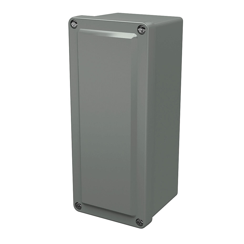 AttaBox Commander series pushbutton enclosure, blank cover, NEMA 1/3R/4X/6P/12, 8 x 4 x 4in (HxWxD), wall mount, fiberglass reinforced polyester, gray, crowned screw cover.-CO844