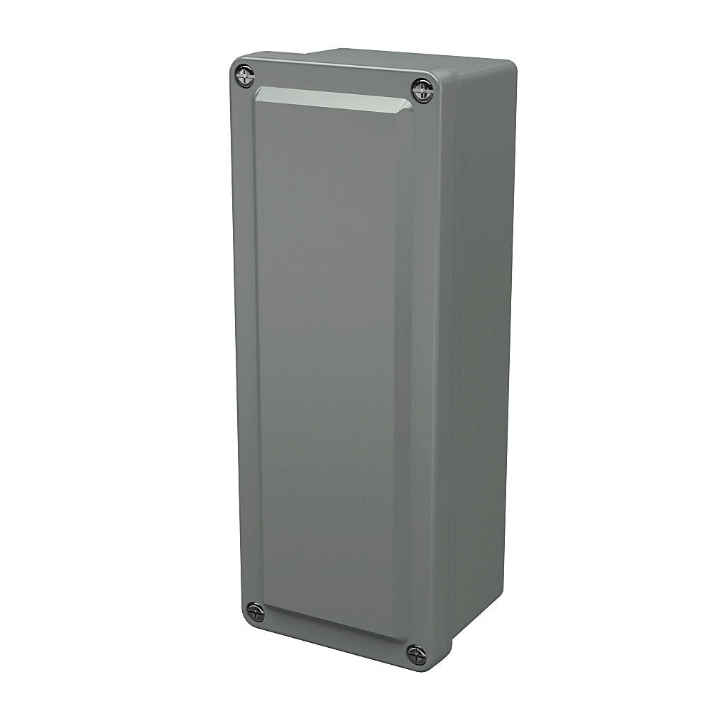 AttaBox Commander series pushbutton enclosure, blank cover, NEMA 1/3R/4X/6P/12, 9 x 3 x 2in (HxWxD), wall mount, fiberglass reinforced polyester, gray, crowned screw cover.-CO932