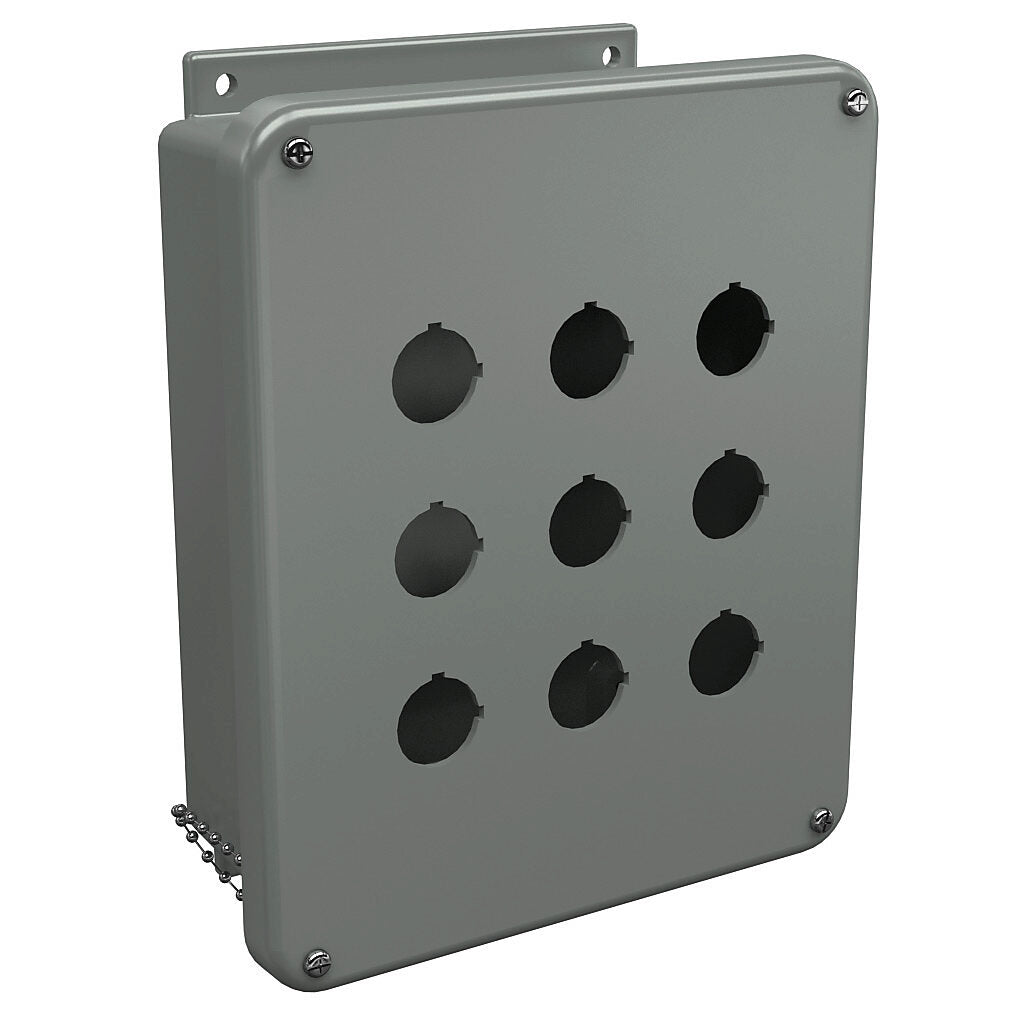 AttaBox Commander series pushbutton enclosure, 9 holes, 30mm, NEMA 1/3R/4X/6P/12, 11 x 9 x 4in (HxWxD), wall mount, fiberglass reinforced polyester, gray, screw cover.-CO9PBW