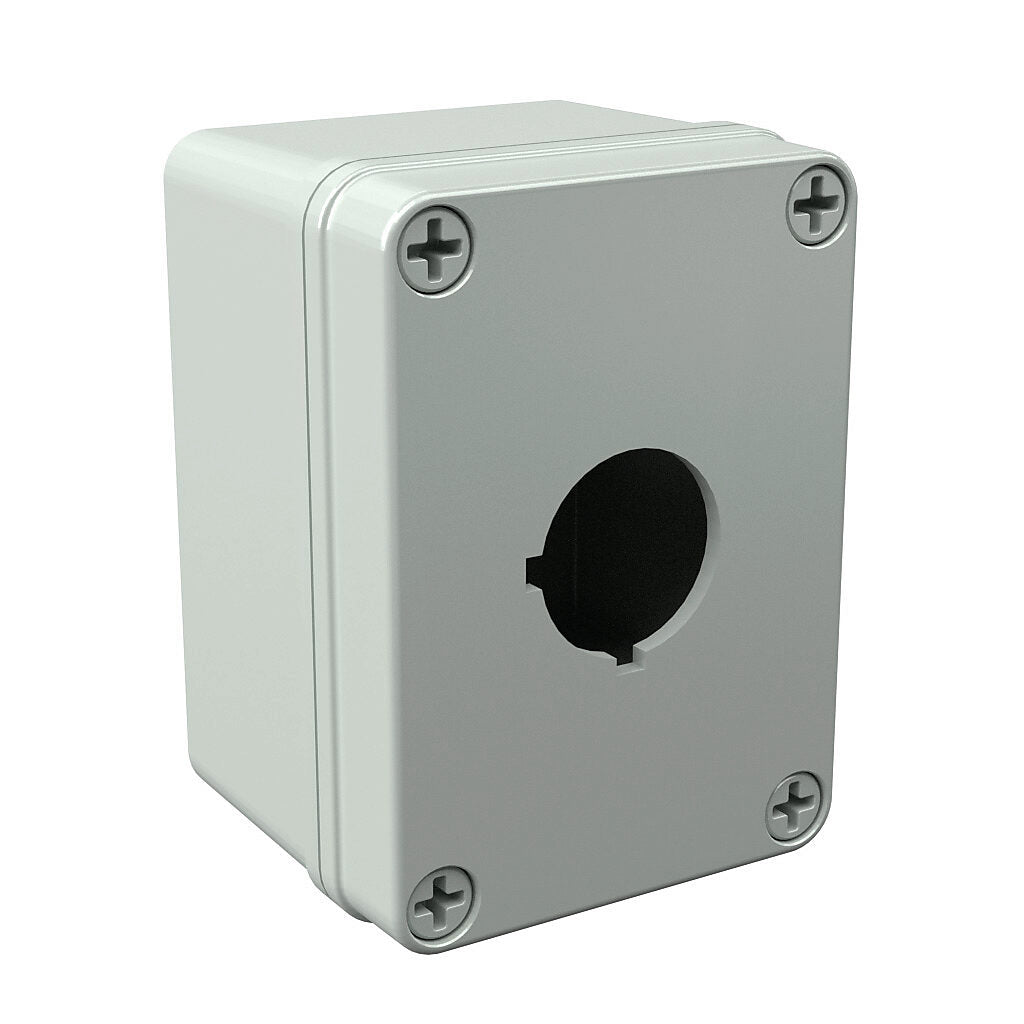AttaBox Commander series pushbutton enclosure, 1 hole, 30mm, NEMA 1/3R/4X/6P/12, 4 x 3 x 2in (HxWxD), wall mount, polycarbonate, light gray, gloss finish, screw cover.-COPC1PB