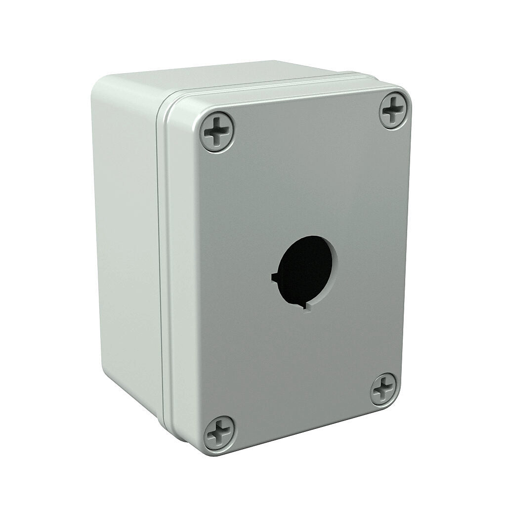AttaBox Commander series pushbutton enclosure, 1 hole, 22mm, NEMA 1/3R/4X/6P/12, 4 x 3 x 2in (HxWxD), wall mount, polycarbonate, light gray, gloss finish, screw cover.-COPC1PB22