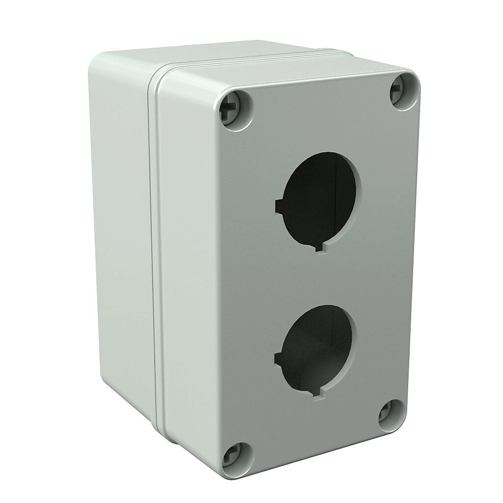 AttaBox Commander series pushbutton enclosure, 2 holes, 30mm, NEMA 1/3R/4X/6P/12, 5 x 3 x 3in (HxWxD), wall mount, polycarbonate, light gray, gloss finish, screw cover.-COPC2PB